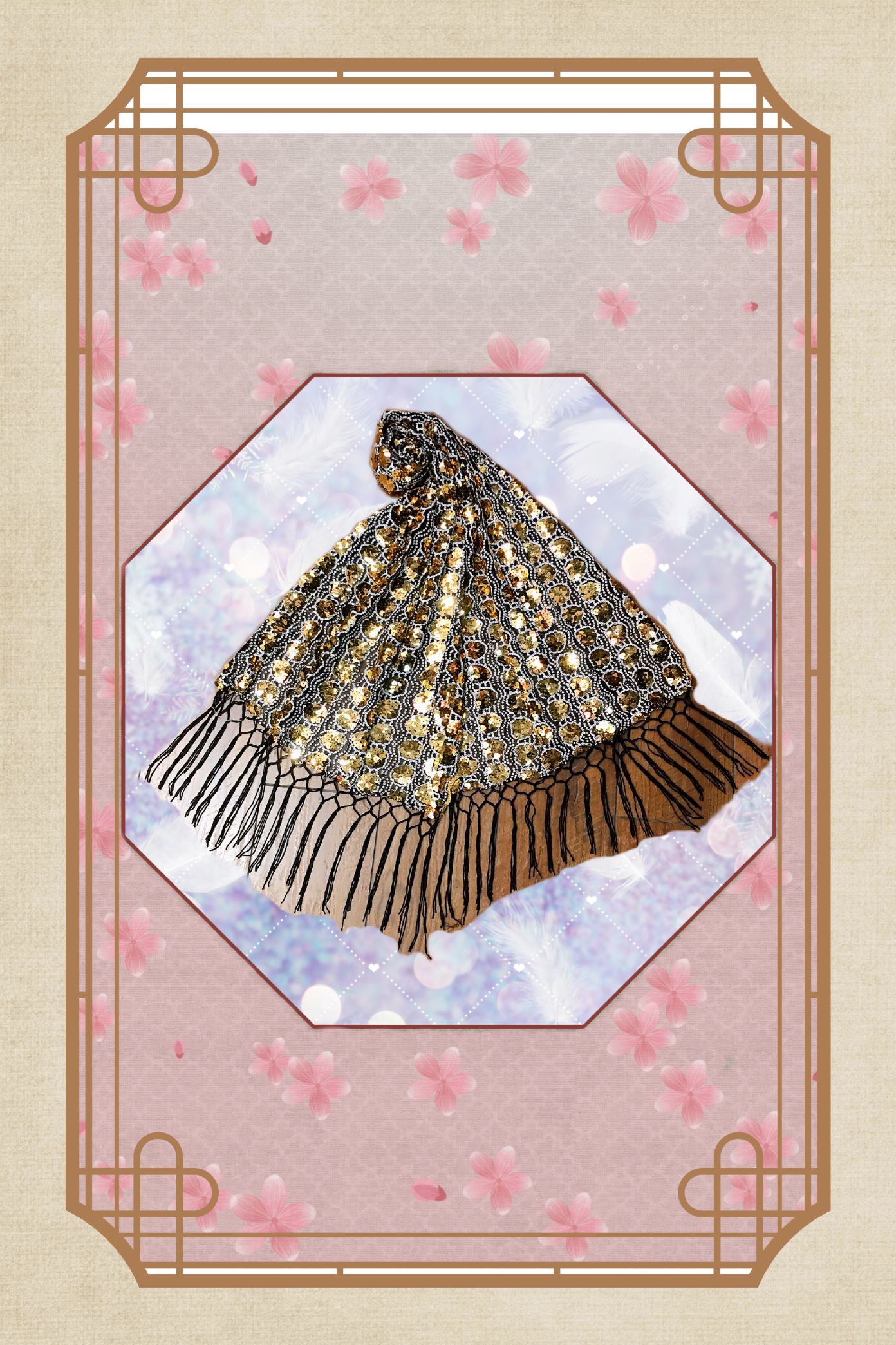 White gold sequins with a black pashmina shawl scarf