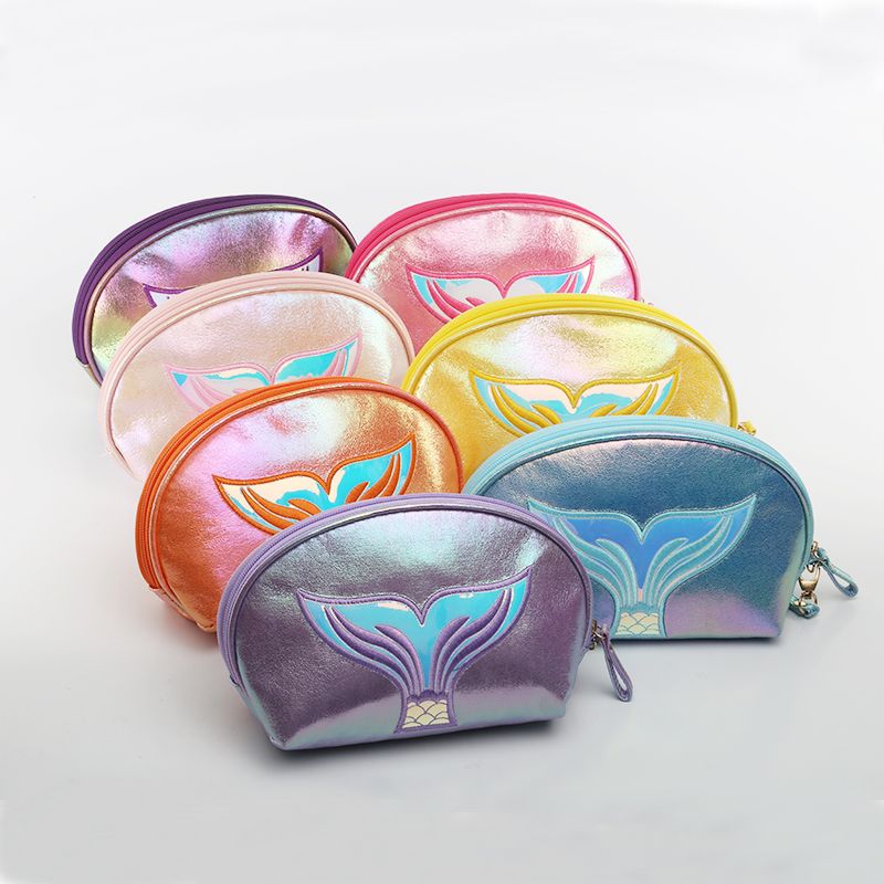 Hot-selling embroidery beauty fish tail semi-round bag, rainbow crack cosmetic bag, cartoon phantom color handbag in foreign trade detail image 1
