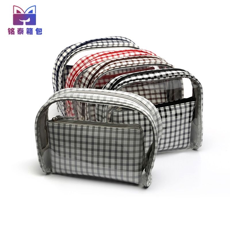 Nuevo estilo bolsa de maquillaje de PVC conjunto de dos piezas pequeña tartan lona clutch bolsa de maquillaje de mujer bolsa de maquillaje bolsa de tocador detail image 1