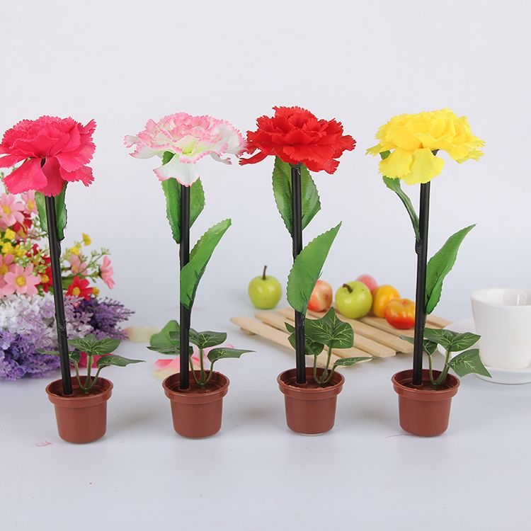 可笔秀文具办公文化创意植绒仿真绿色植物盆栽笔 康乃馨花盆圆珠笔 批发