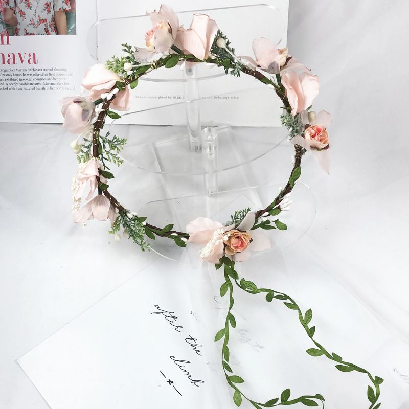 New bride, pink gauze garland, veil, travel and vacation, hair accessories, wedding dress, photo shoot and accessories Specification image