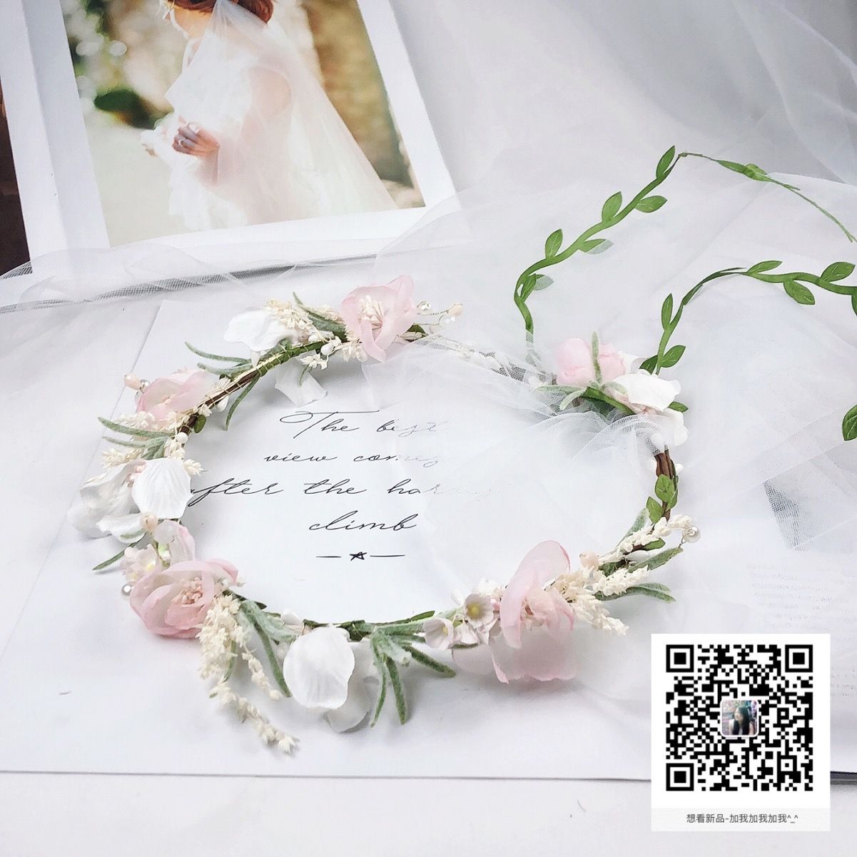 Korean version Bohemian camellia flower headband, simple bow, gauze ribbon garland, women's handcrafted fabric accessory Item Picture