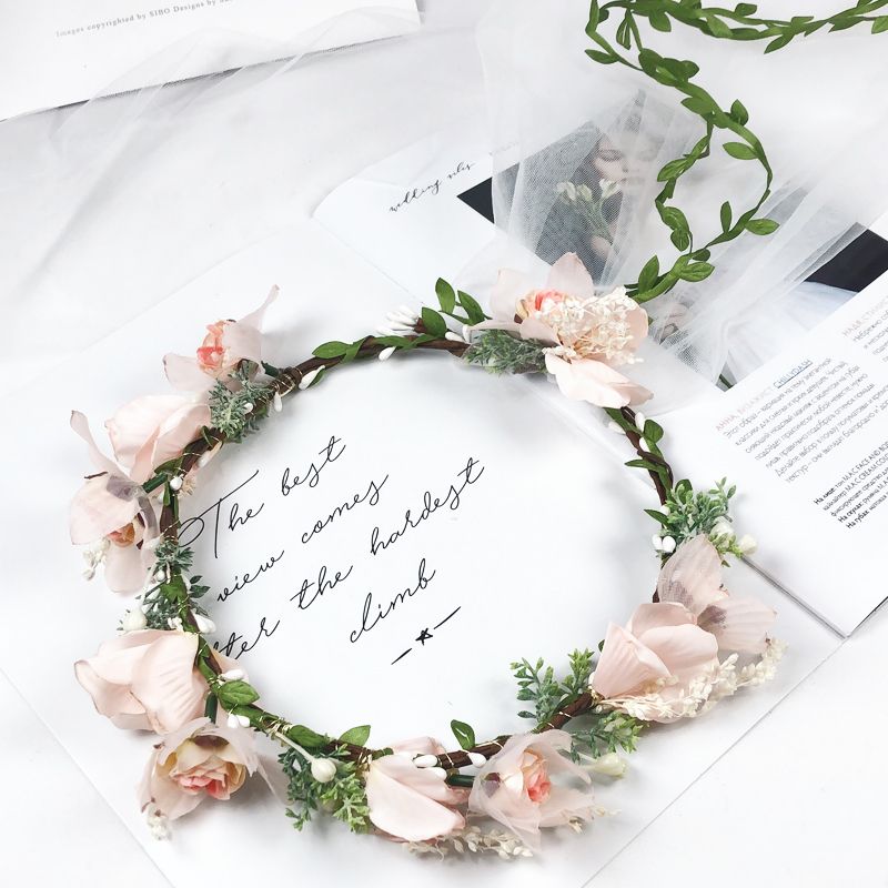 New bride, pink gauze garland, veil, travel and vacation, hair accessories, wedding dress, photo shoot and accessories Item Picture