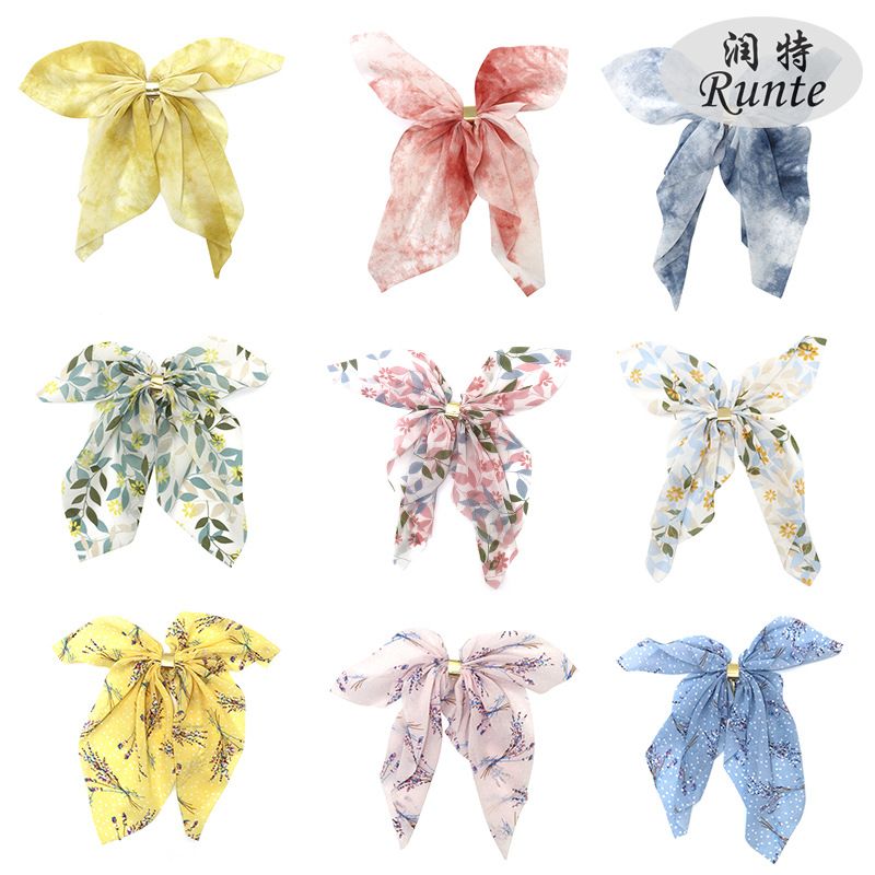 Cross-border retro printed chiffon curly silk scarf hair tie, ribbon ponytail hair band, Korean version bow hair tie pic 1