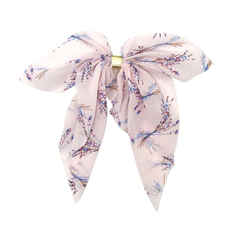 Cross-border retro printed chiffon curly silk scarf hair tie, ribbon ponytail hair band, Korean version bow hair tie Specification image