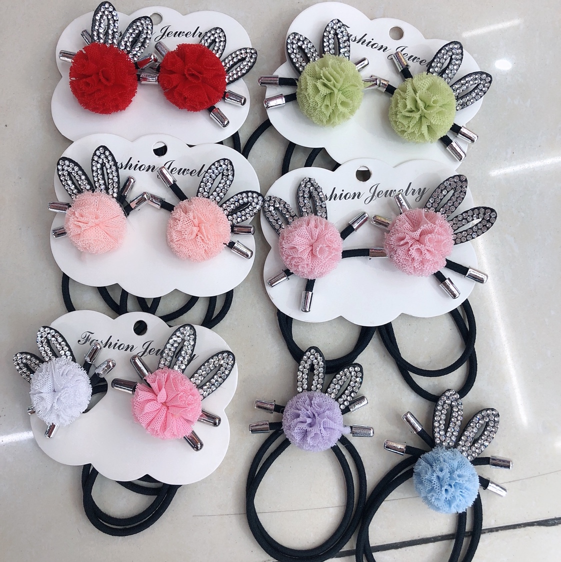 Yiwu Selection Korean version of pure color florets with drill rabbit ear rubber band head for children and girls head for tying rope head for ornaments headwear female thumbnail