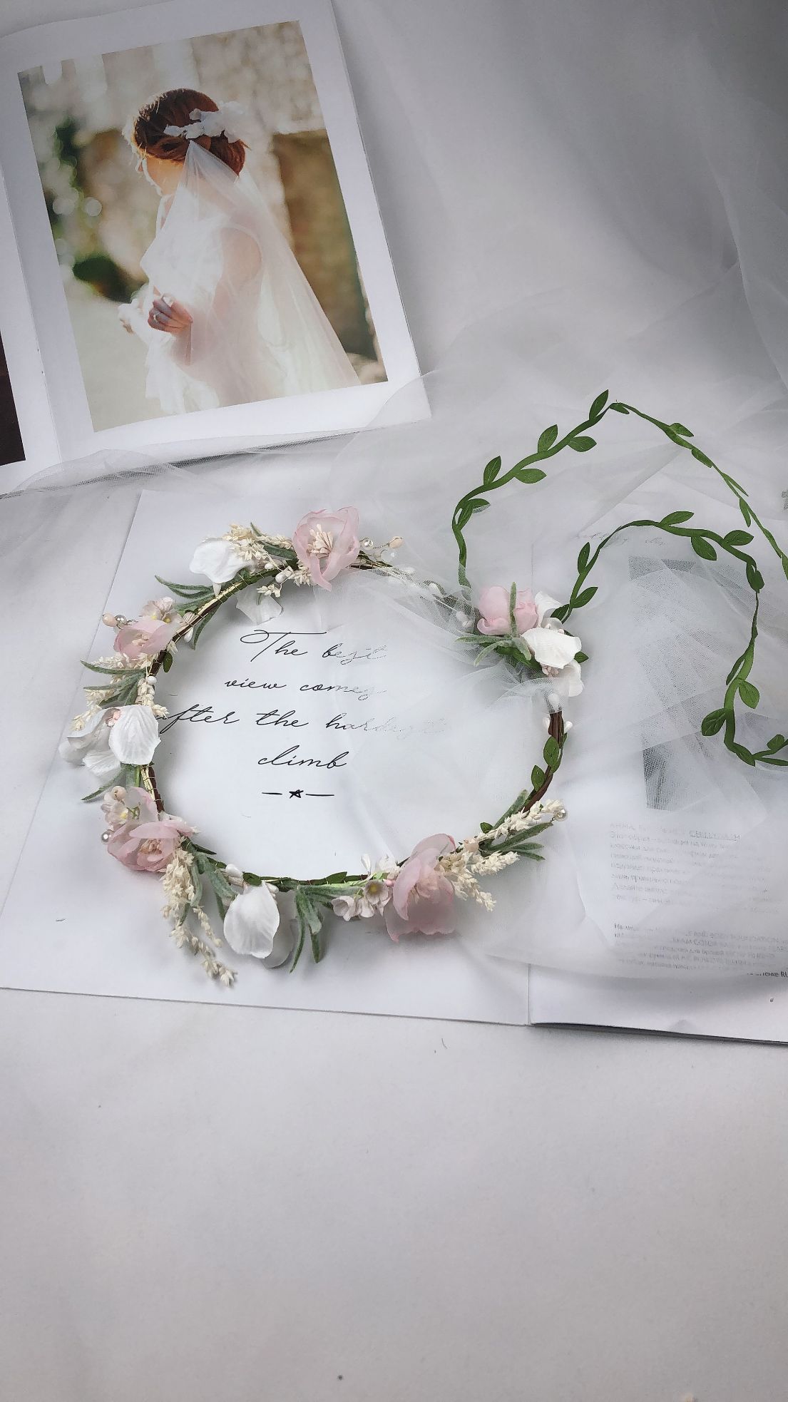Korean version Bohemian camellia flower headband, simple bow, gauze ribbon garland, women's handcrafted fabric accessory detail image 4