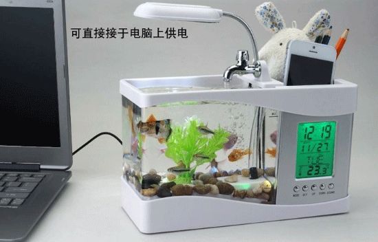 创意多功能办公桌水族箱桌面小鱼缸USB迷你鱼缸笔筒台灯生日礼物详情图4