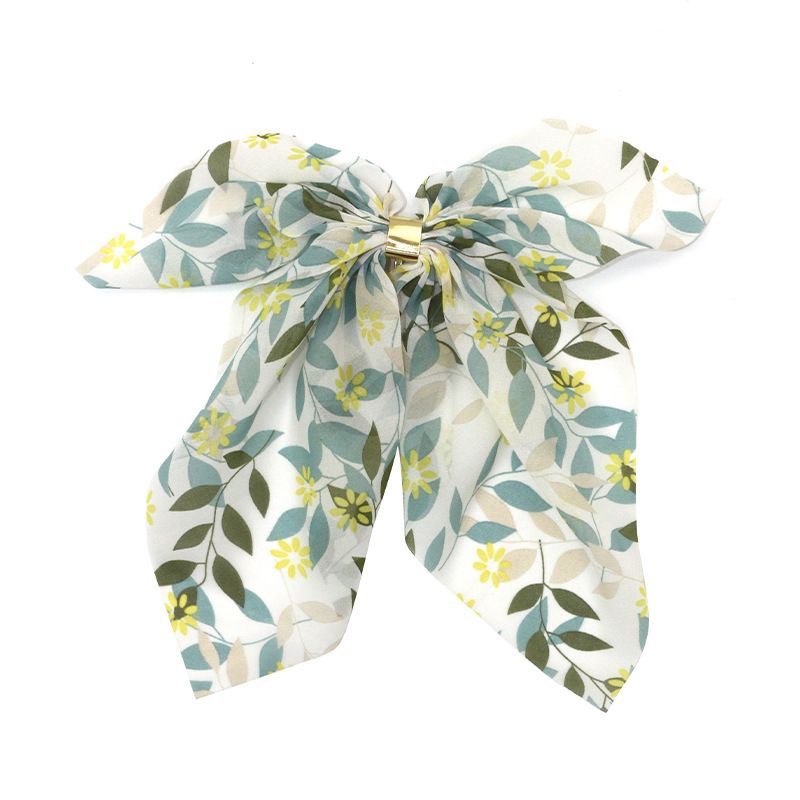 Cross-border retro printed chiffon curly silk scarf hair tie, ribbon ponytail hair band, Korean version bow hair tie details Picture