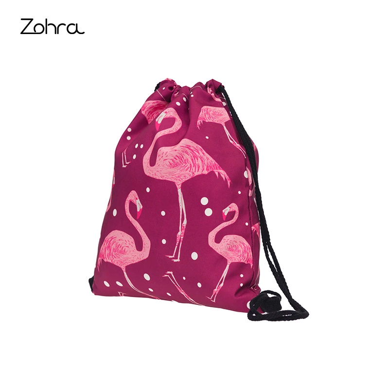 zohra新款速卖通3D数码印花火烈鸟束口袋购物收纳抽绳包欧美定制细节图