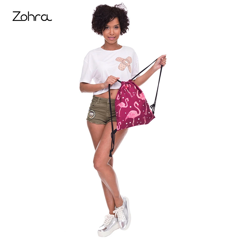 zohra新款速卖通3D数码印花火烈鸟束口袋购物收纳抽绳包欧美定制产品图