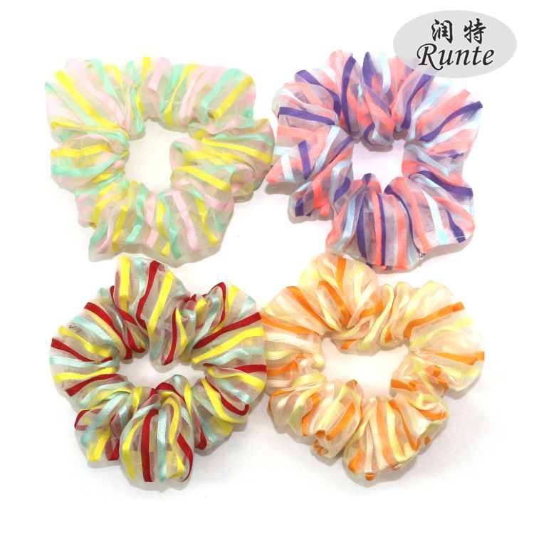 A new Korean-style organza hair band with fashionable and creative stripes, a large intestine circle, and a girlish heart, as well as a bun and ponytail hair accessory detail image 1