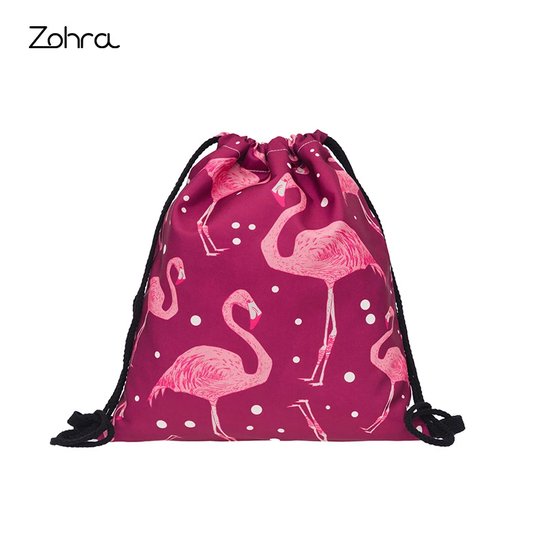 zohra新款速卖通3D数码印花火烈鸟束口袋购物收纳抽绳包欧美定制图