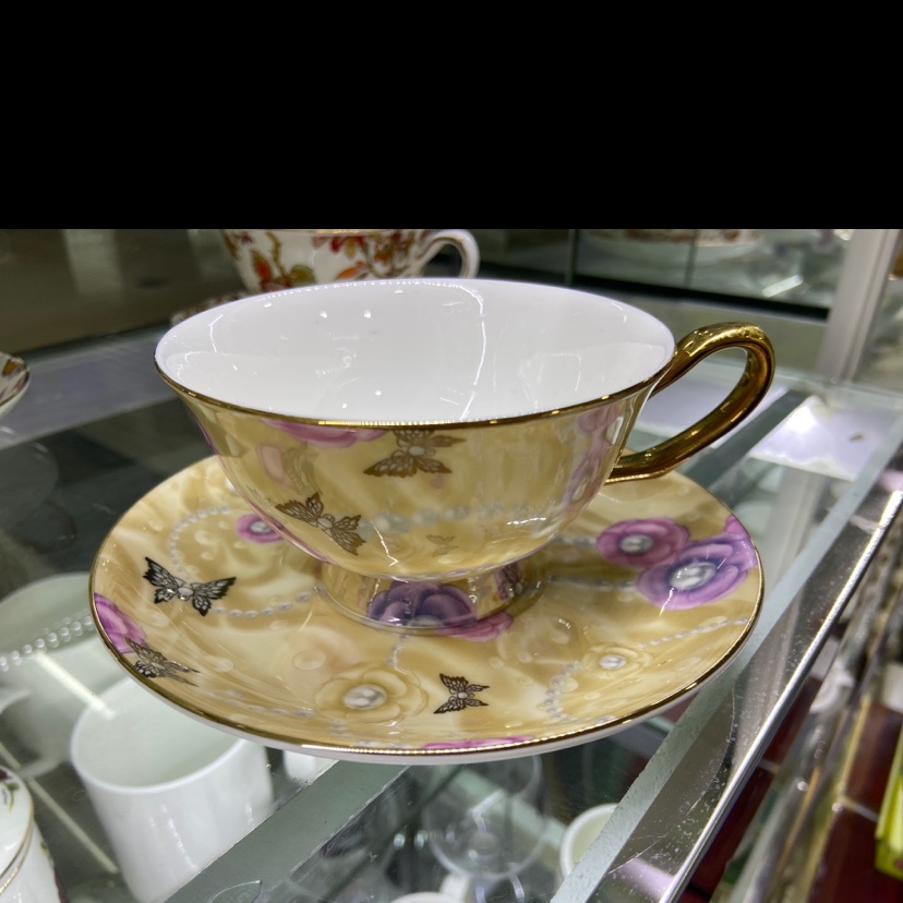 Flower butterfly gold rim cup coffee milk tea cup tea service cup saucer set thumbnail