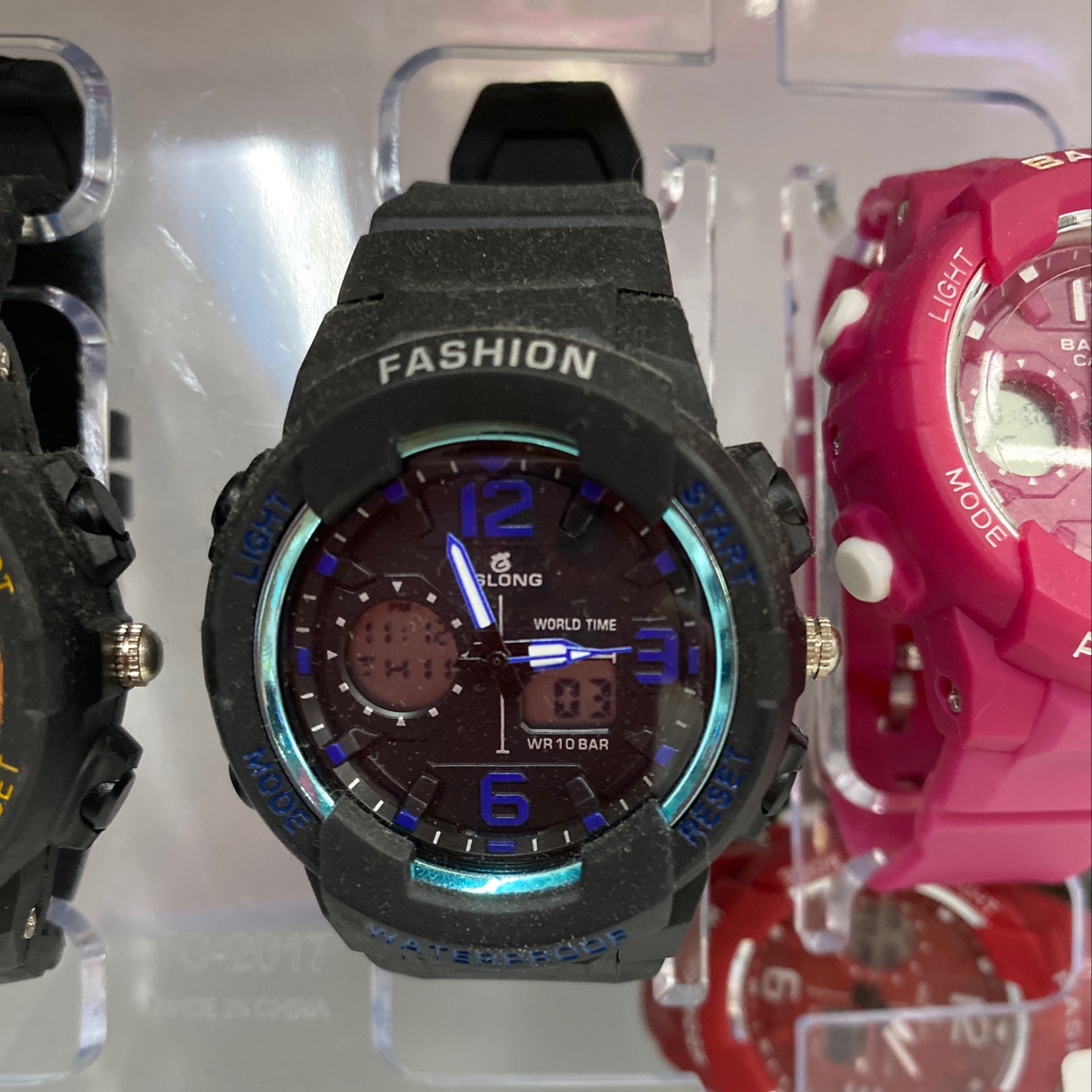 The watch is simple in black and blue