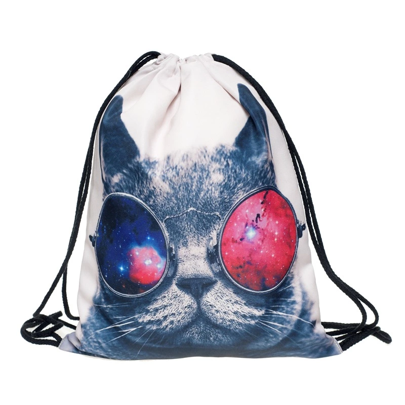 zohra新款3D数码印花眼镜猫束口袋双肩背包 购物收纳抽绳背包定