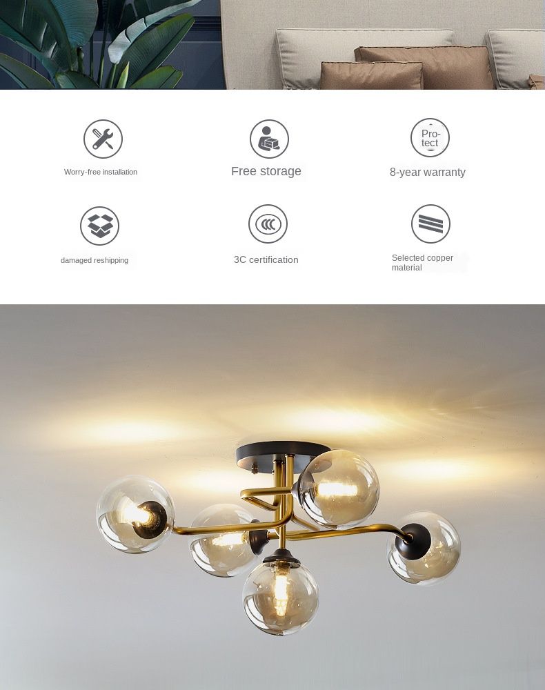 全铜北欧吸顶灯网红客厅灯简约现代创意个性卧室房间魔豆分子铜灯详情图2