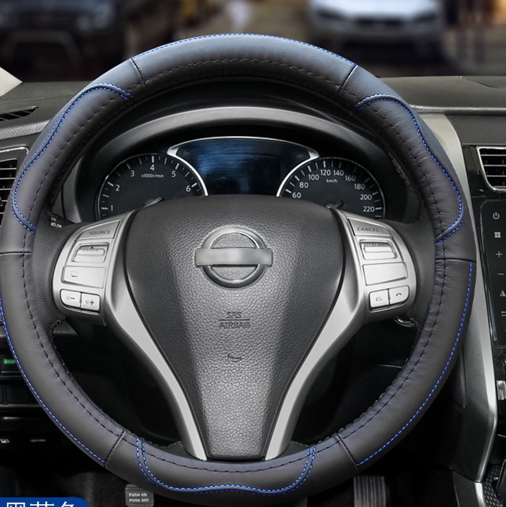 Leather steering wheel cover, all-season universal round anti-slip car handlebar cover, custom-made best-selling car accessories, black and blue