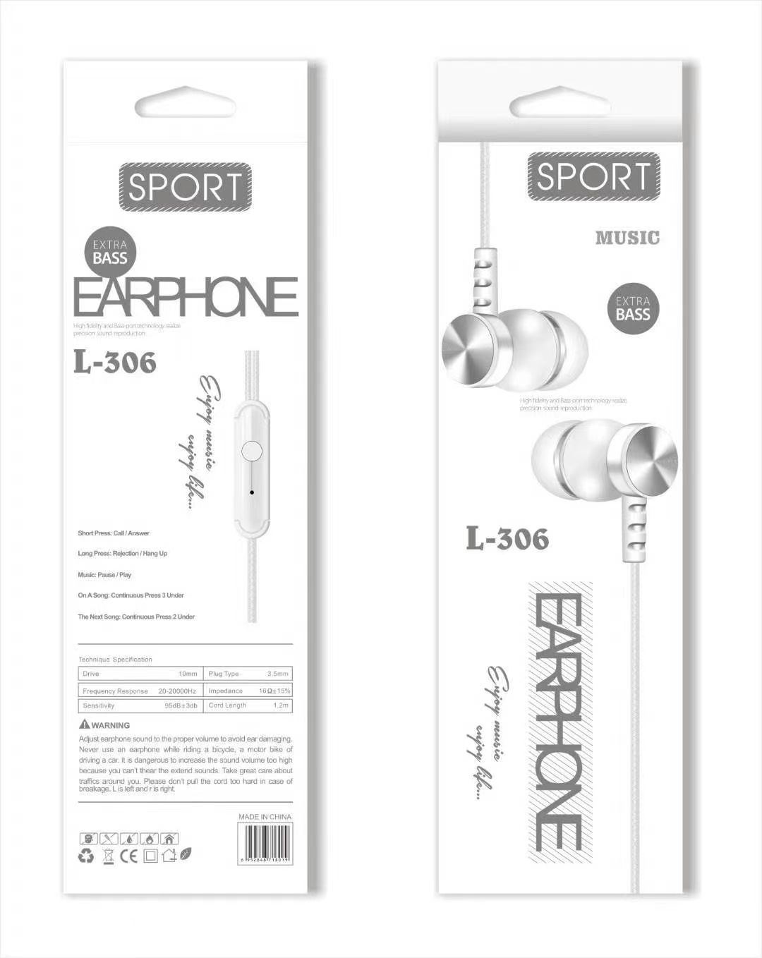 L-306 Sogo headphones, mobile phone headphones, in-ear headsets, earbuds with microphone Specification image