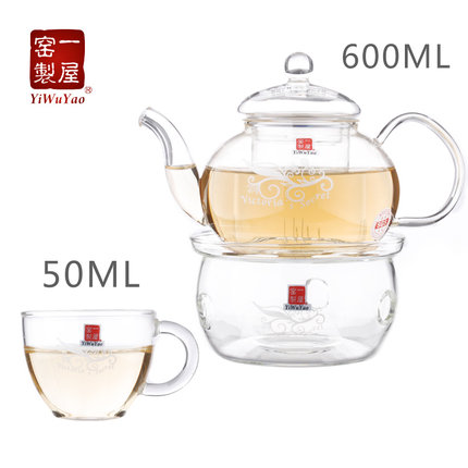 一屋窑花草茶具加热玻璃花茶壶水果茶壶套装耐热过滤煮红茶杯茶盘白底实物图