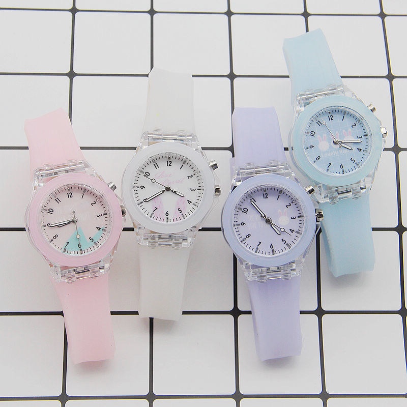 Ins-style cute little rabbit, seven-color gradient flashing light, jelly-colored luminous watch strap, student watch, trendy light watch for both men and women undefined