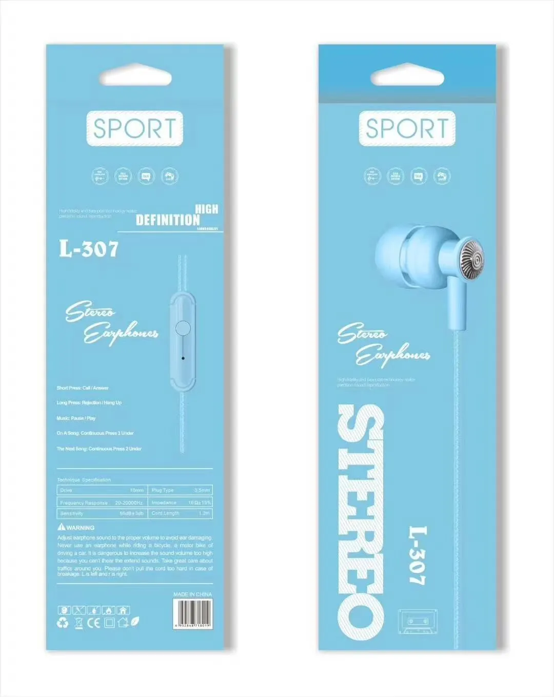 L-307 Sogo headphones, mobile phone headphones, in-ear headsets, earbuds with microphone detail image 3