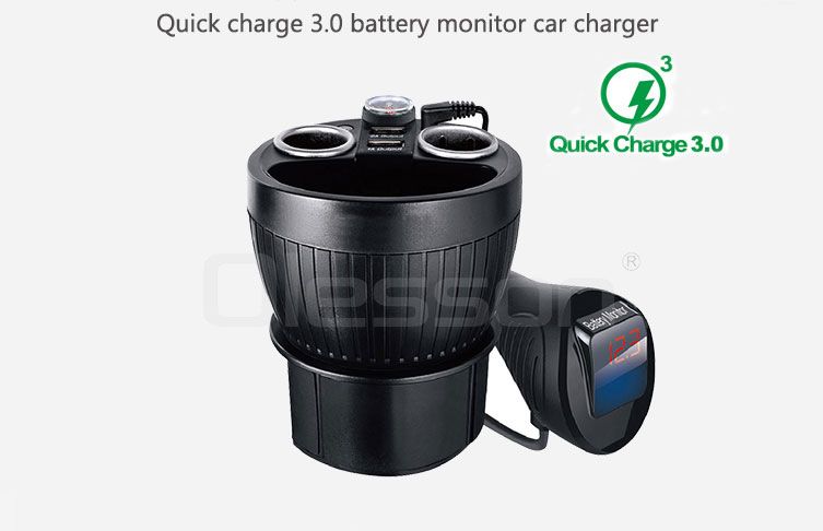 qc3.0车载充电器USB杯式一分二点烟器汽车带数显电压检测杯架式