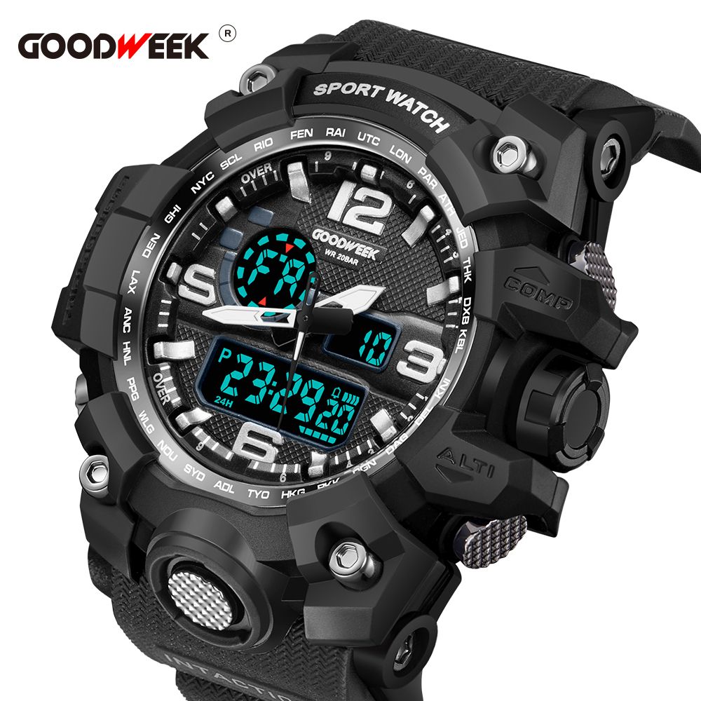 Goodweek Casio Style Men's Sports Watch Waterproof Dual Display Watch Stall Economy undefined