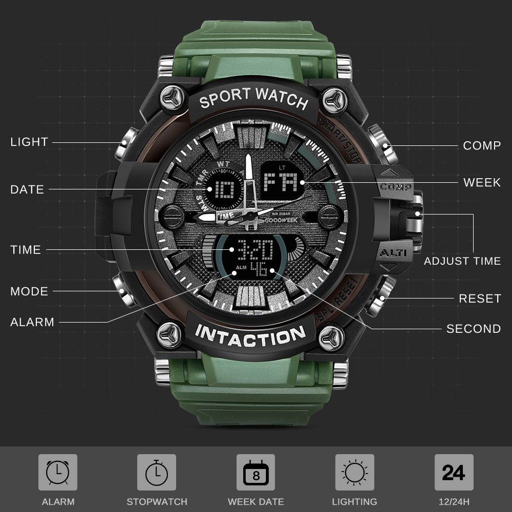 Goodweek Luxury Men's Sport Waterproof Digital Quartz Watch Men's Multi-Function Dual-Display Watch undefined