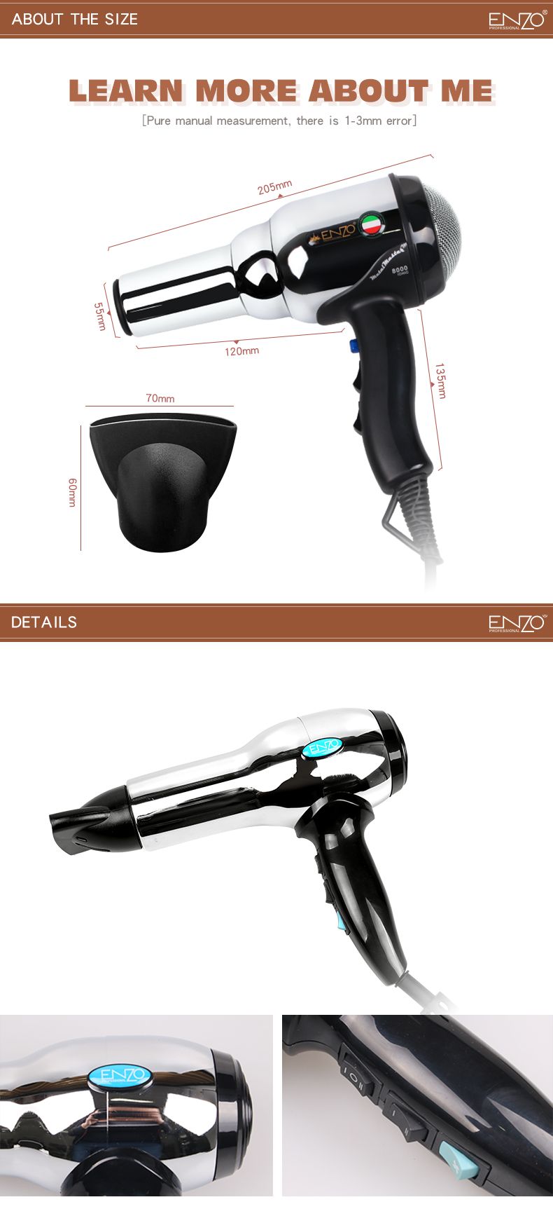 ENZO household high-temperature hot and cold high-power hair dryer with metal stainless steel casing for barber shops and hair salons detail image 4