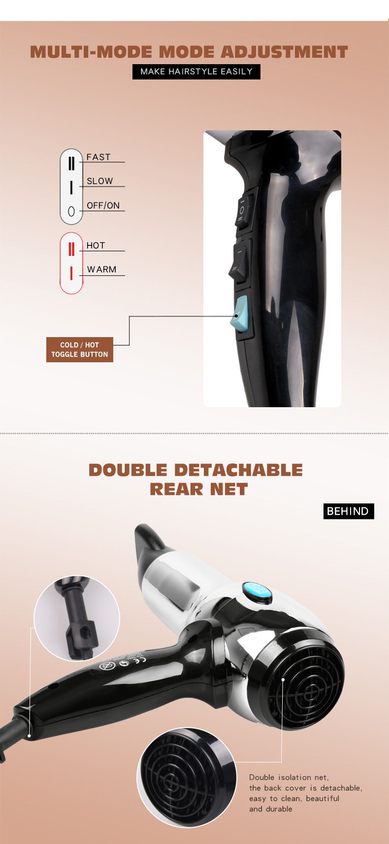 ENZO household high-temperature hot and cold high-power hair dryer with metal stainless steel casing for barber shops and hair salons detail image 3