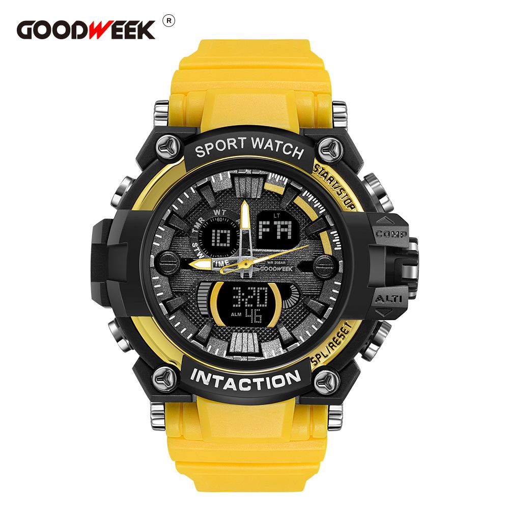 Goodweek Luxury Men's Sport Waterproof Digital Quartz Watch Men's Multi-Function Dual-Display Watch Specification drawing