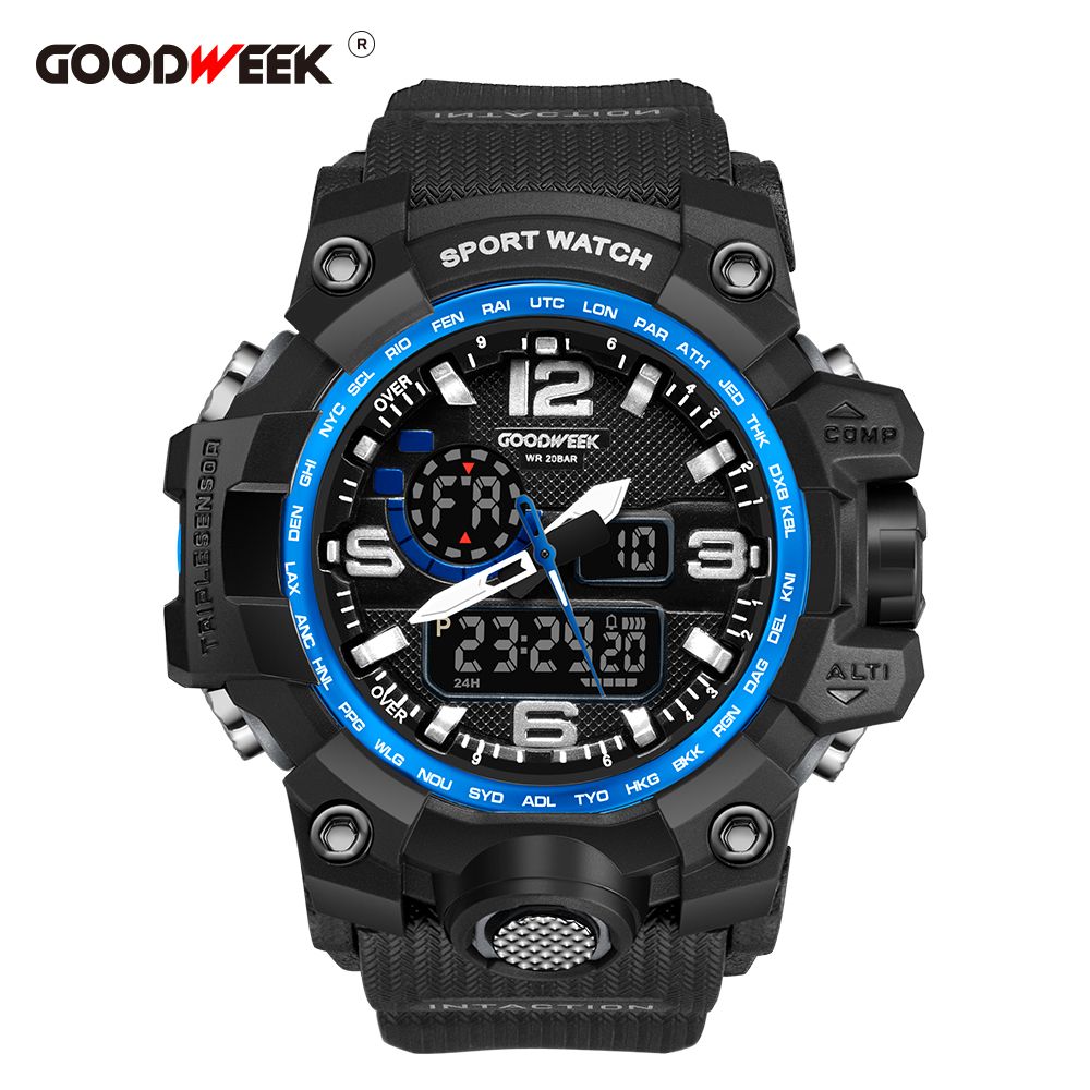 Goodweek Casio Style Men's Sports Watch Waterproof Dual Display Watch Stall Economy Item Picture