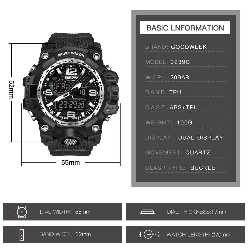 Goodweek Casio Style Men's Sports Watch Waterproof Dual Display Watch Stall Economy undefined