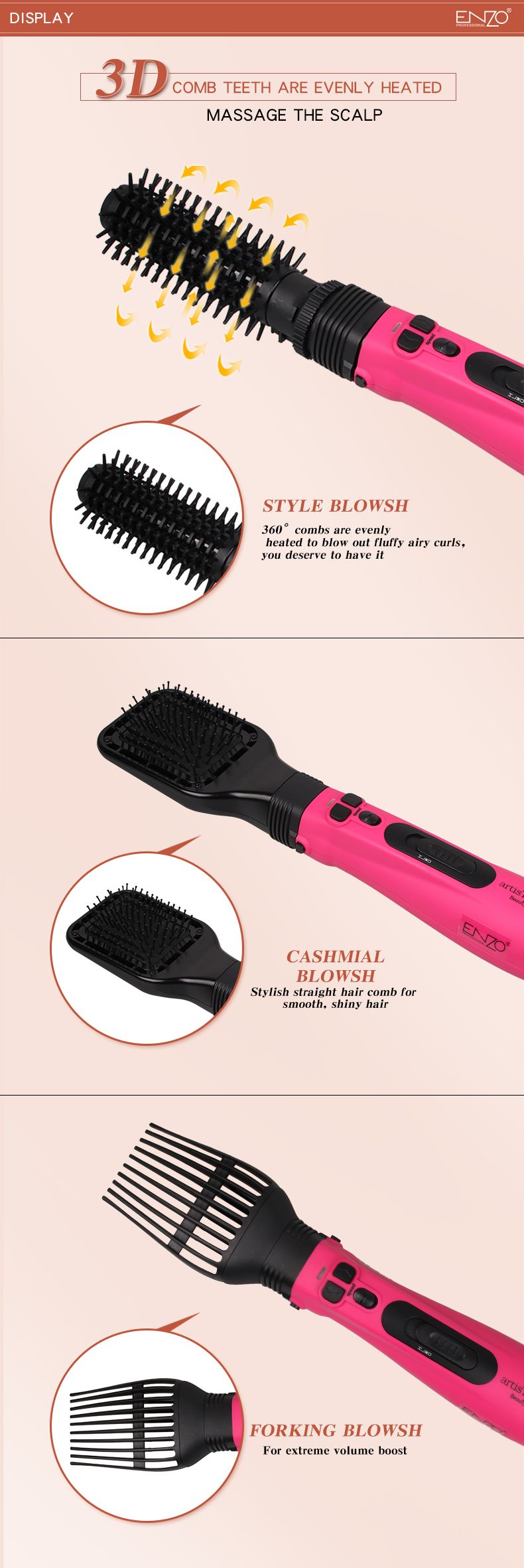 ENZO ENzo multi-functional four-in-one negative ion dry and wet dual-purpose electric hair dryer, straightener, curling iron and hot air comb detail image 3