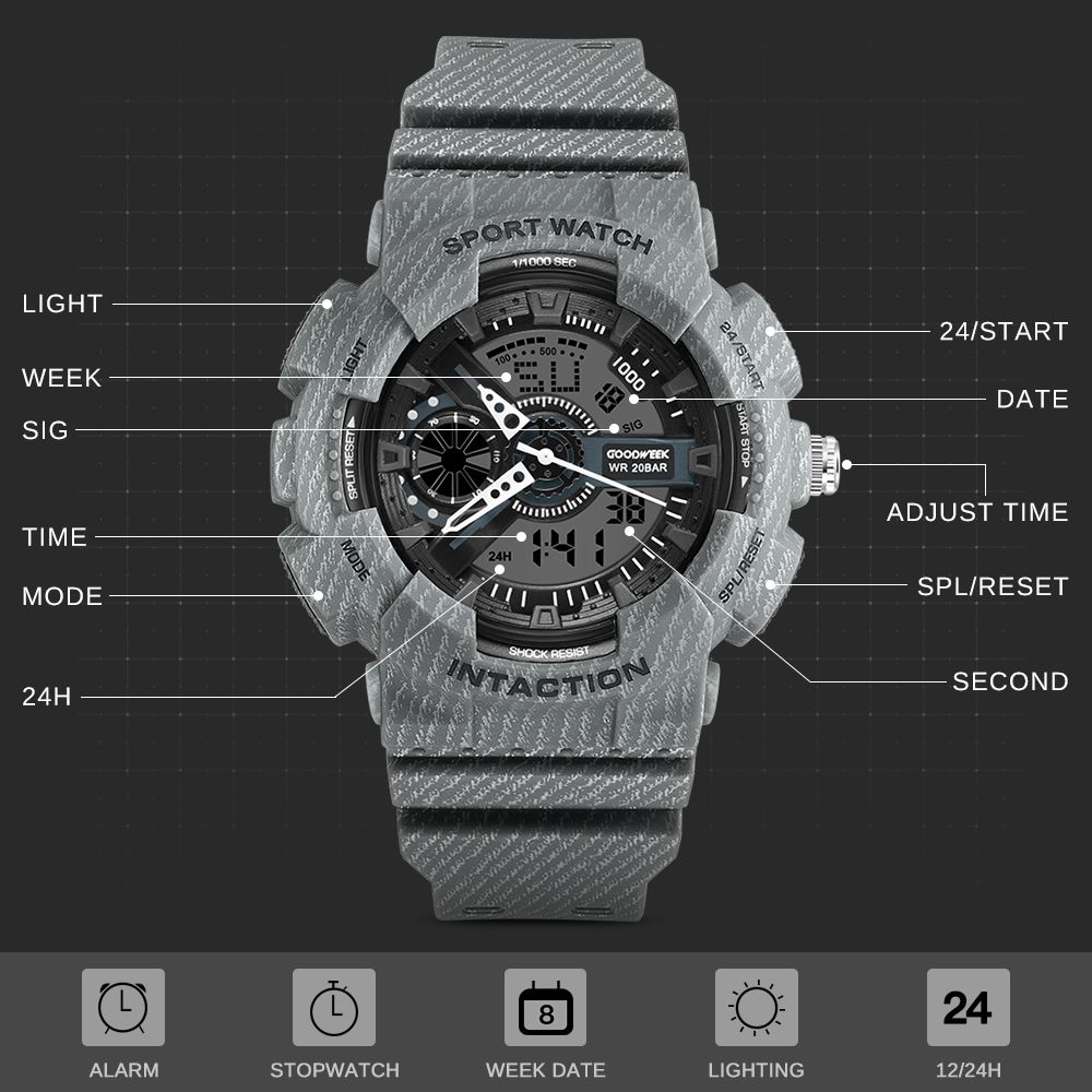 Goodweek New Denim Sports Watch Men's Electronic Waterproof Digital Quartz Watch Dual Display Watch undefined