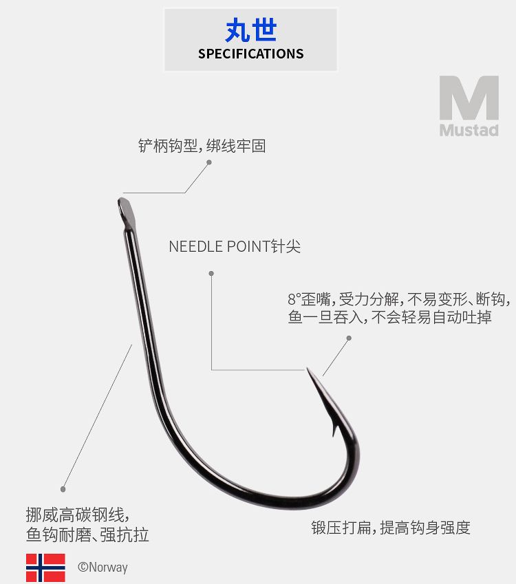 Mustad慕斯达正品挪威钩丸世钓鱼钩高碳长柄有倒刺钓钩渔钩详情图8