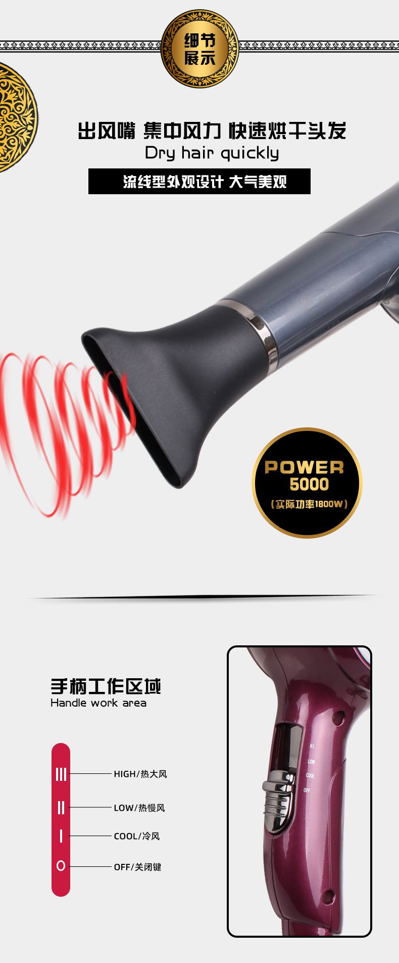 ENZO ENzo Professional Special offer hair salon styling hair dryer, electric hair dryer, ultra-lightweight and high-power hair dryer detail image 3