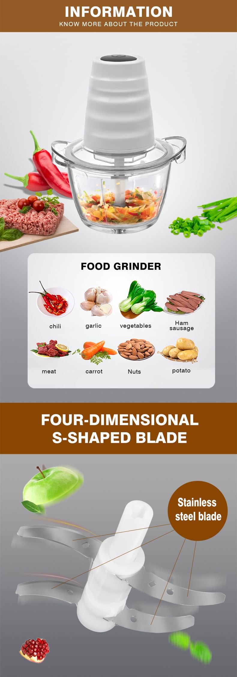 ENZO kitchen Multi-functional dumpling filling meat grinder, electric glass meat grinder, garlic puree cutter, and vegetable processor detail image 4