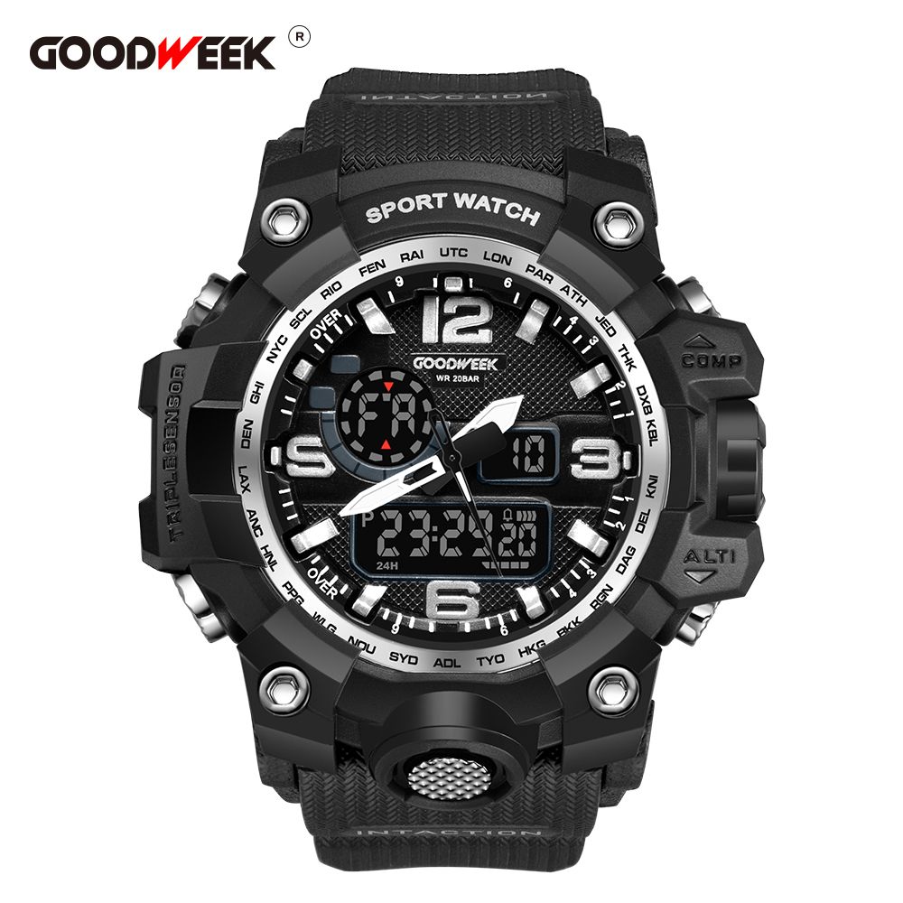 Goodweek Casio Style Men's Sports Watch Waterproof Dual Display Watch Stall Economy full figure