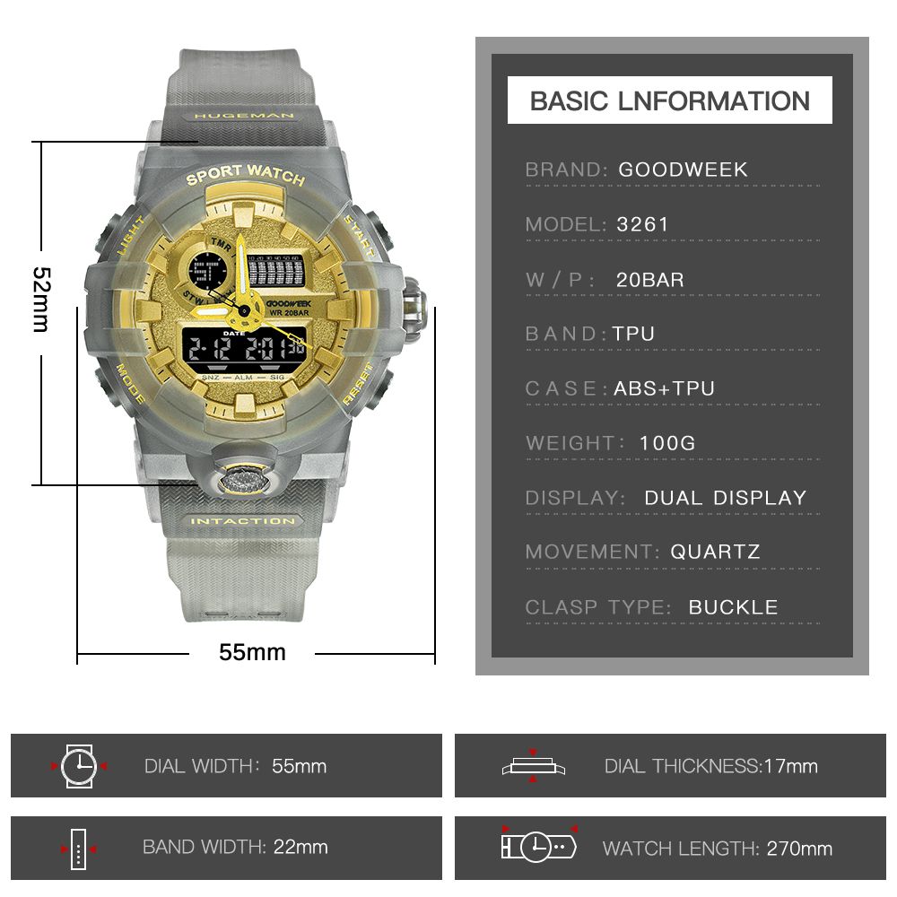 Goodweek Transparent Men's Sports Watch Waterproof Digital Quartz Watch Dual Display Watch details Picture