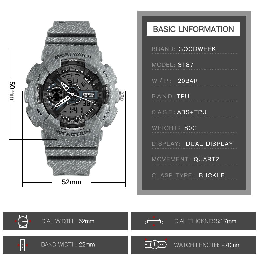 Goodweek New Denim Sports Watch Men's Electronic Waterproof Digital Quartz Watch Dual Display Watch Application Scenario