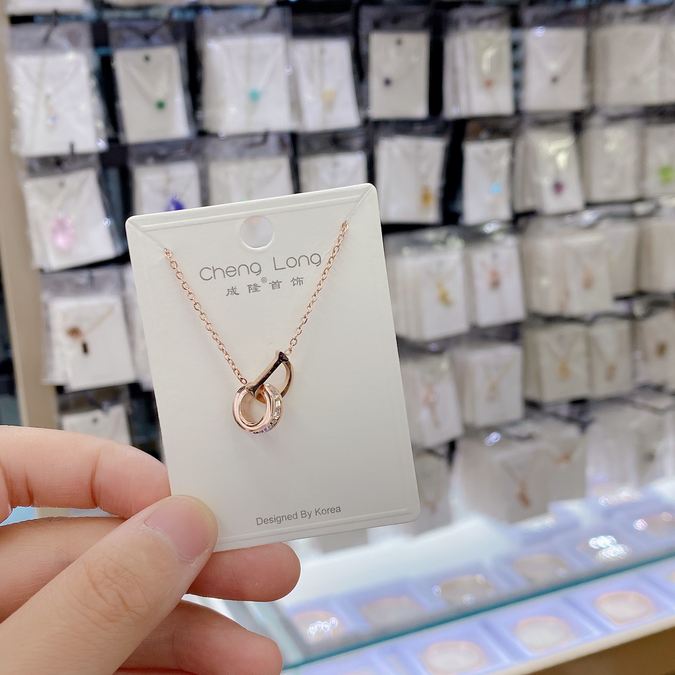 Chenglong Jewelry Titanium Steel D-shaped Zircon Double Ring Necklace, non-fading C0754-42.5 Specification image