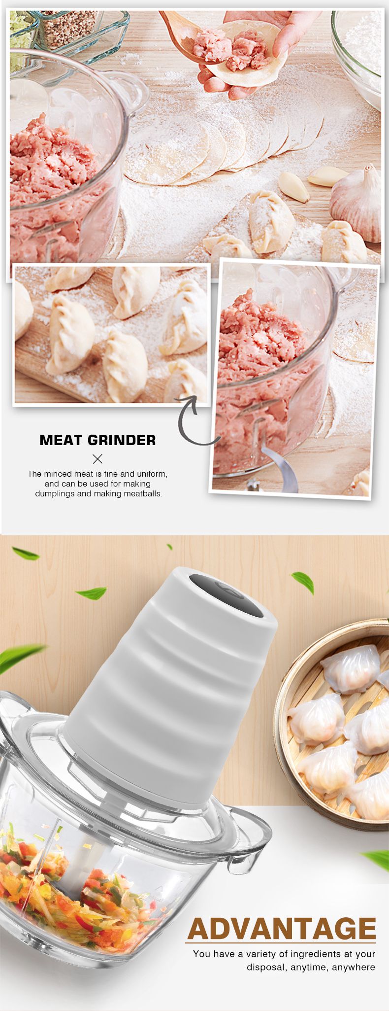 ENZO kitchen Multi-functional dumpling filling meat grinder, electric glass meat grinder, garlic puree cutter, and vegetable processor detail image 3
