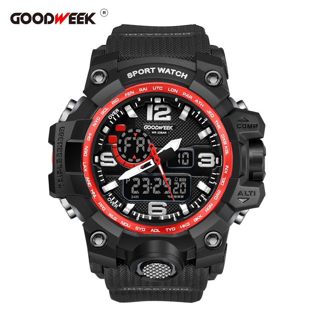Goodweek Casio Style Men's Sports Watch Waterproof Dual Display Watch Stall Economy