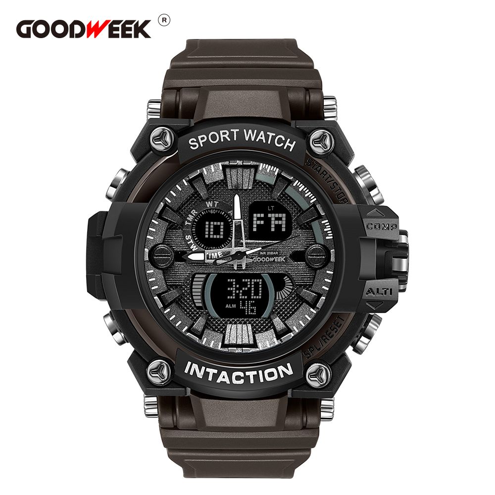 Goodweek Luxury Men's Sport Waterproof Digital Quartz Watch Men's Multi-Function Dual-Display Watch