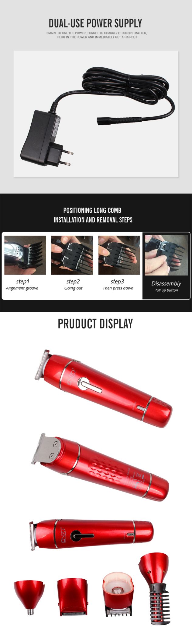 ENZO portable hair and beard shaving Knife 10-in-1, replaceable head electric men's multi-functional hair clipper detail image 5