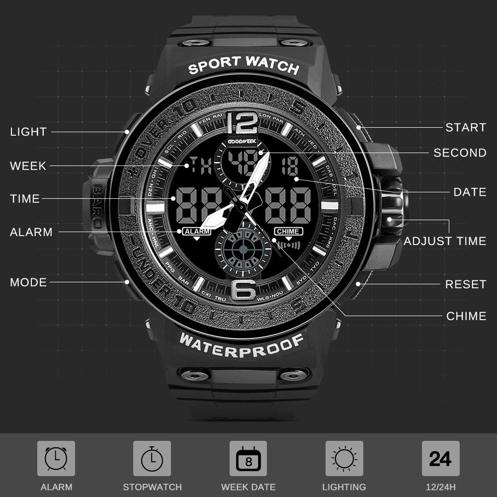Goodweek Men's Sports Watch Waterproof Army Men's Watch Led Quartz Watch undefined