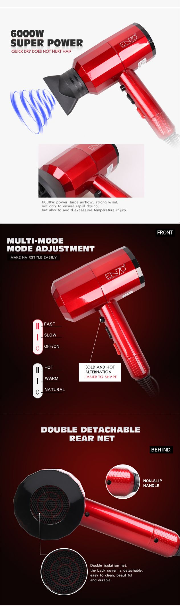 ENZO恩佐家用电器网红爆款冷热风便携式锤子大风罩负离子电吹风筒详情图3