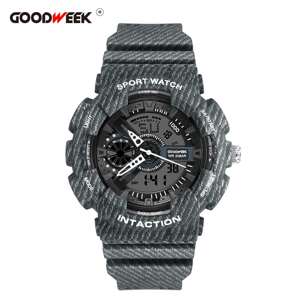 Goodweek New Denim Sports Watch Men's Electronic Waterproof Digital Quartz Watch Dual Display Watch Specification drawing
